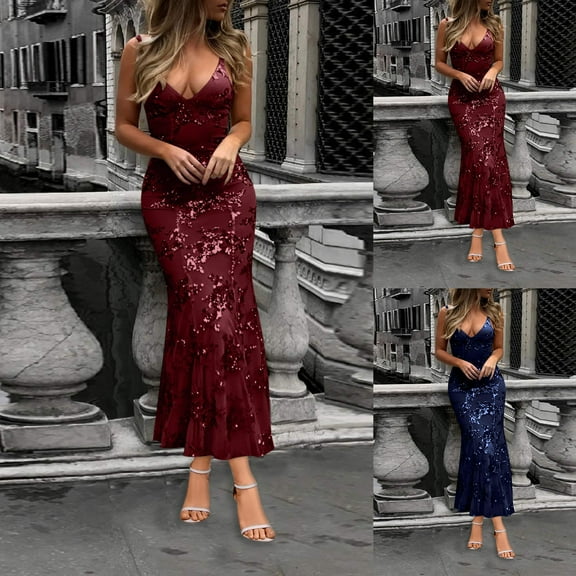 Swuxness Women Sleeveless Formal Maxi Dresses, Women Maxi Evening Gown, Women's Sequin Mesh Bodycon Train Backless Sleeveless V Neck Formal Evening Gown Blue, S