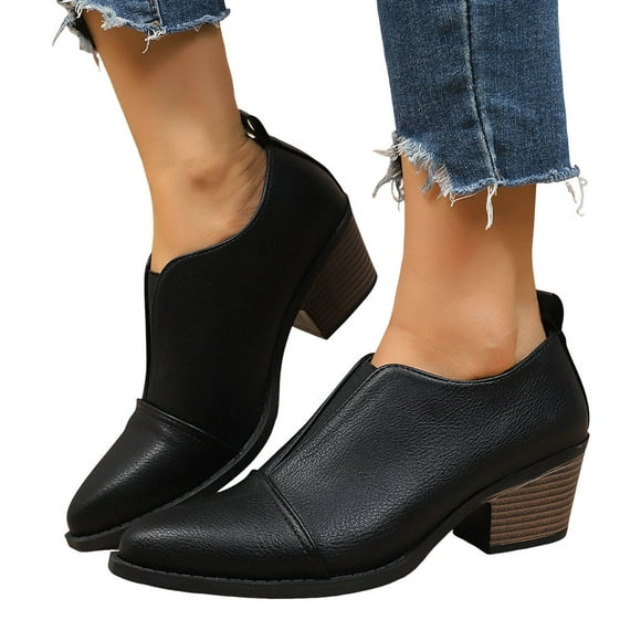 Womens Dress Oxfords Slip on Ankle Booties Fashion Leather Pointed Toe Stacked Mid Heel Office Work Short Dressy Boots Winter Fall Shoes for Ladies