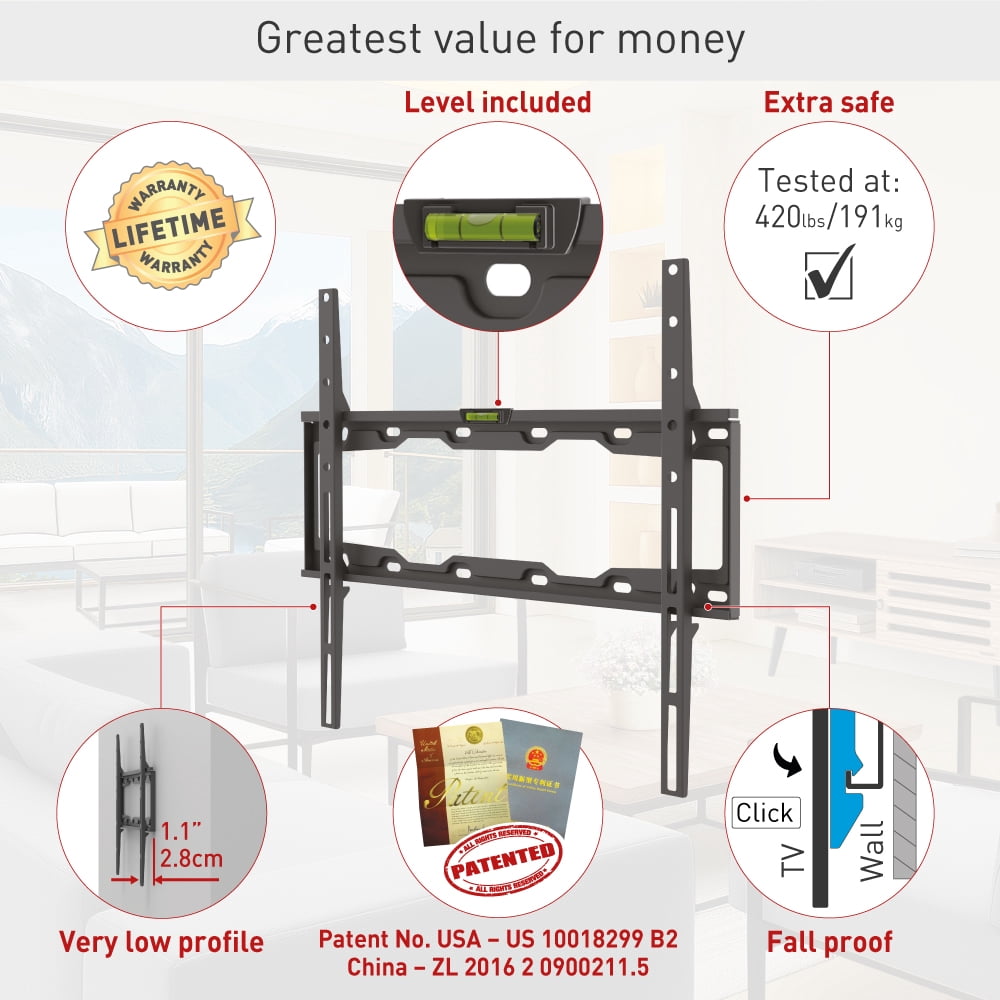 Barkan TV Wall Mount, 19 - 65 inch Fixed Premium Flat / Curved Screen Bracket, Holds up to 110lbs, Auto Lock Patented, Very Low Profile, Fits LED OLED LCD