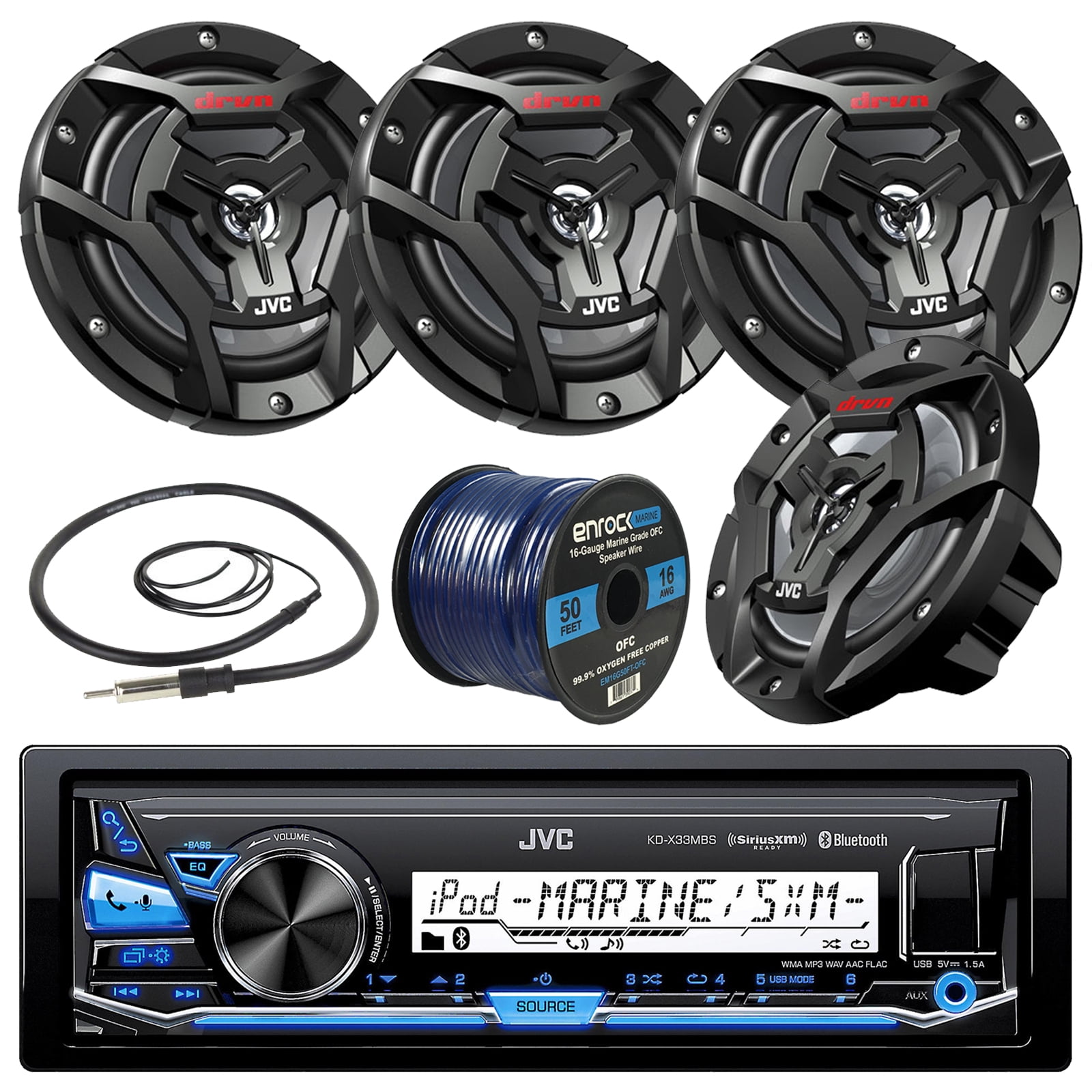 JVC Marine SiriusXM Radio w/ Tuner Accessories 4x 6.5" Speakers Charcoal 