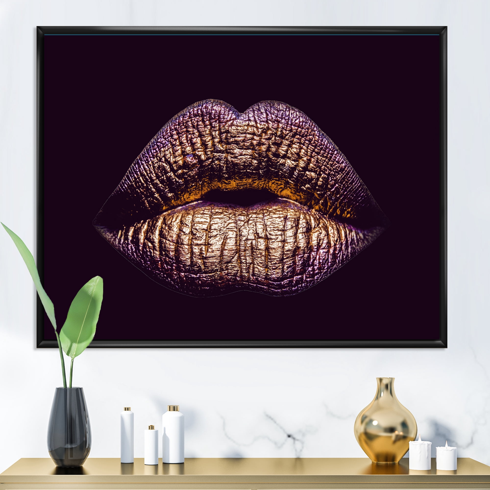 Designart 'Sexy Golden Metallized Woman Lips III' Modern Framed Canvas Wall Art Print
