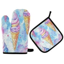 Yayeee Oven Mitts and Pot Holder Set of 2 Heat Resistant Kitchen Gloves Baking Hot Pad, Watercolor Ice Cream Pattern