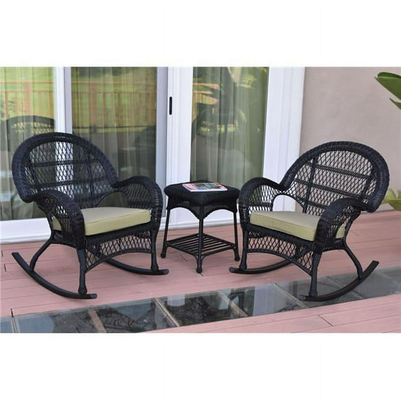 W00211-2-RCES006 3 Piece Santa Maria Black Rocker Wicker Chair Set, Tan Cushion