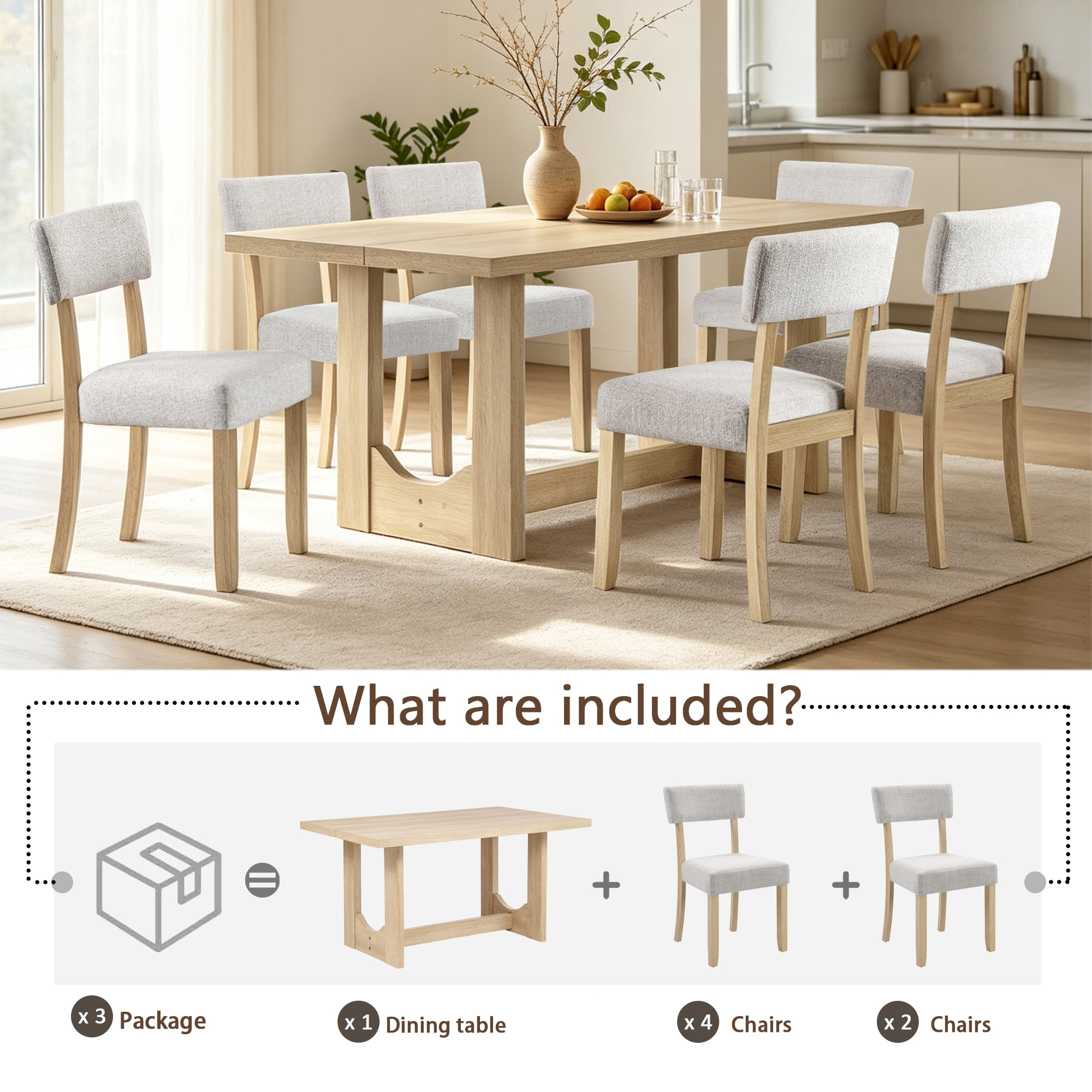 7-Piece Dining Table Set for 6, 57" Large Rectangular Table with 6 Linen Upholstered Chairs