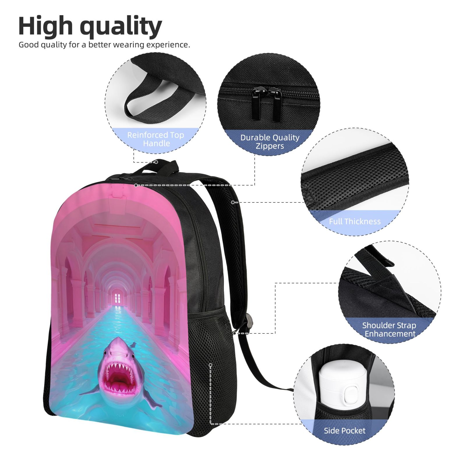 Xecao Pink Shark Pool Fantasy Print School Backpack with Laptop Compartment Small Travel Laptop Backpack for Women Men Waterproof College Backpack Simple School Bag