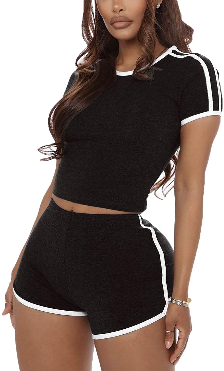 Women Crop Top Booty Shorts Black XL 
