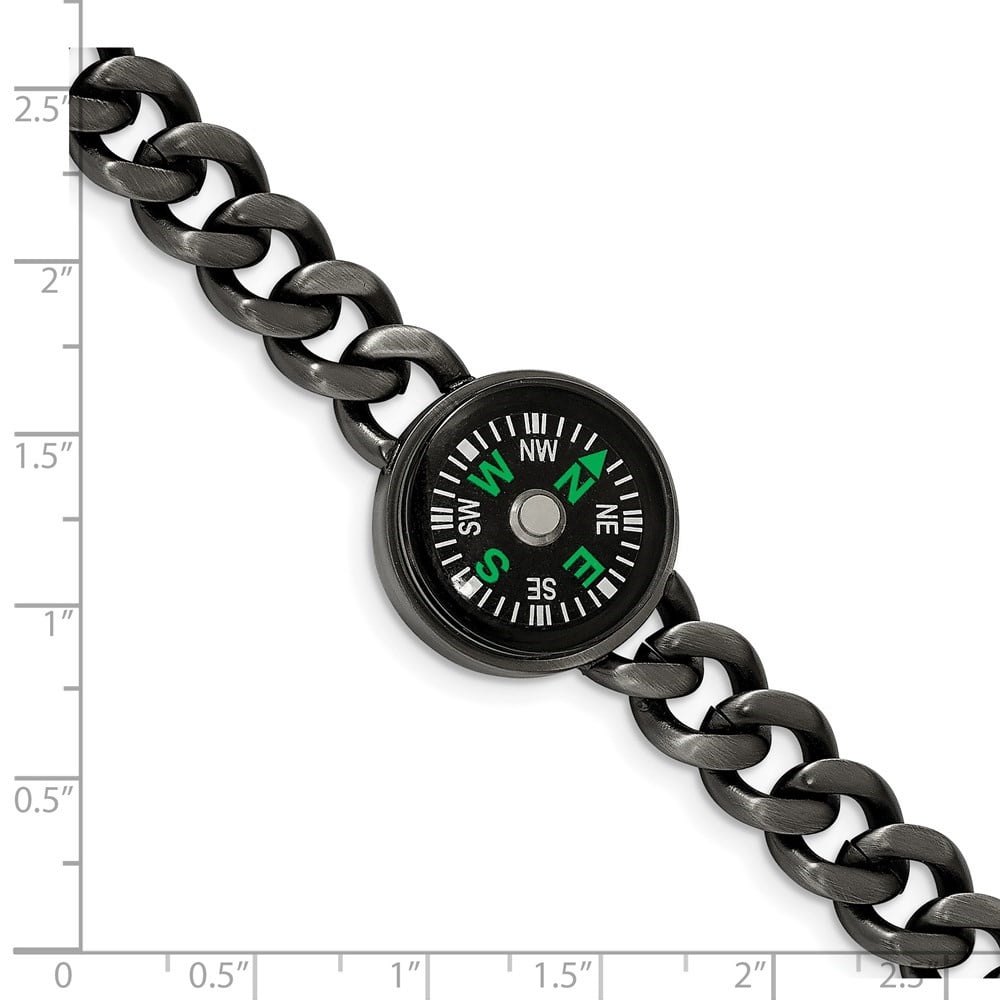 Diamond2Deal Stainless Steel Brushed Gun Metal IP-Plated with Functional Compass Bracelet for Men 8.25"