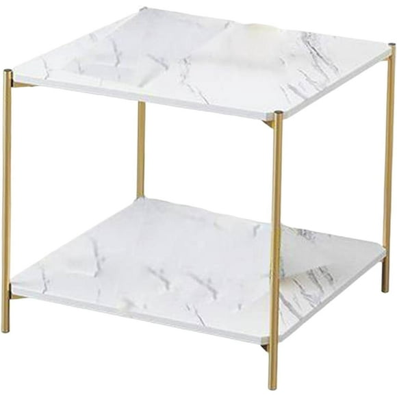 XINQIHANG Light Luxury Marbling Side Table Simple Metal Frame,with Storage Shelf Marble End Table Decor Double Layer for Dining Room Office, White Square