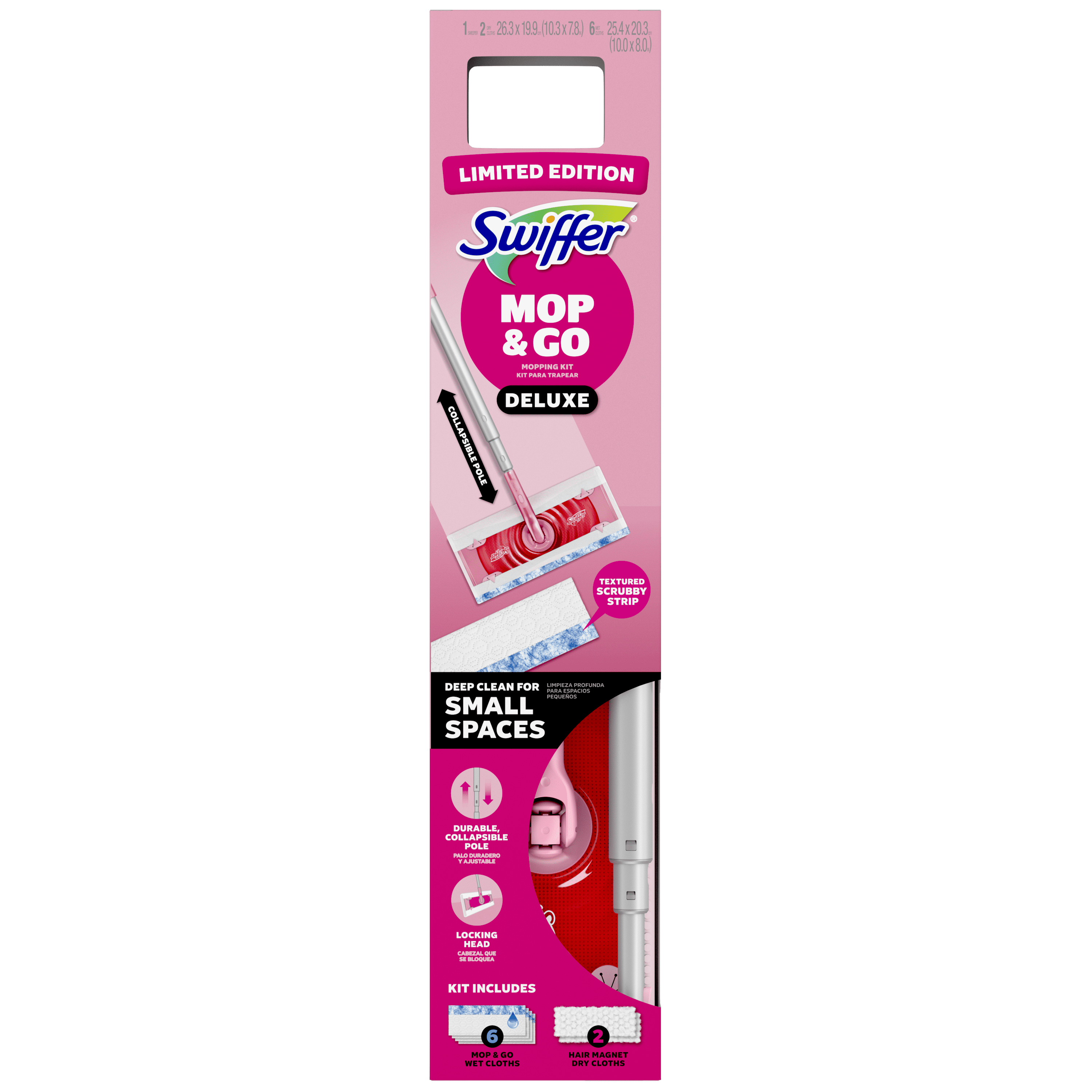 (6 pack) Swiffer Pink Limited Edition Mop & Go Deluxe, 2-in-1 Floor Mopping and Sweeping Kit, 1 Device, 6 Mop Refills, 2 Sweep Refills