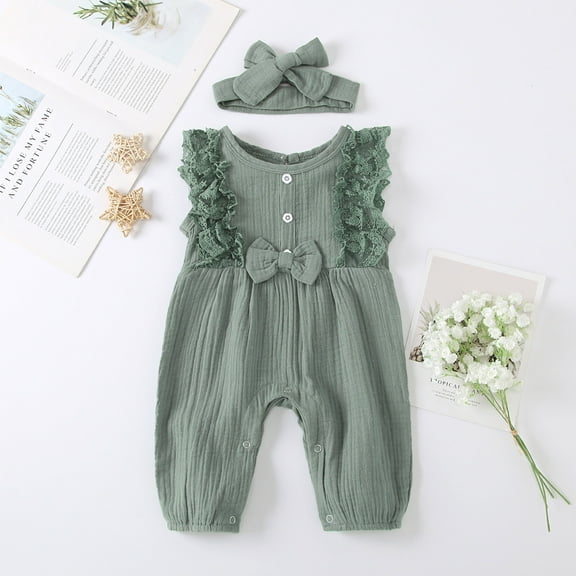 Newborn Infant Baby Girl Linen Romper Lace Bow Jumpsuit Clothes
