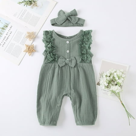 

THE WILD Toddler Girl Cotton Linen Romper Lace Bow Jumpsuit Clothes