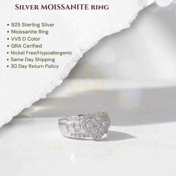 King of Bling's Women Heart Cindarella Ring 925 White Silver1.20ct VVS D Clr. Moissanite sz 6.5