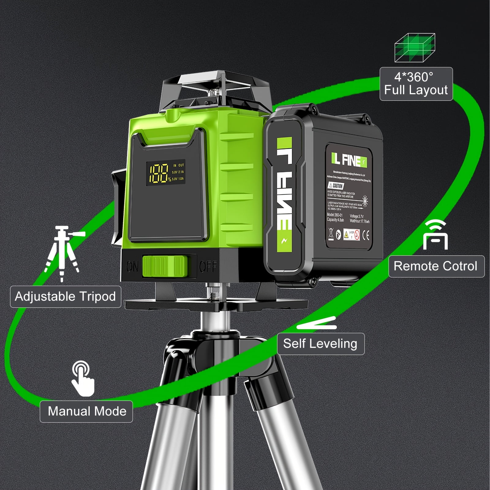 LFINE 4D Self-Leveling Laser Level, Plastic Alloy Material - 4x360° Cross Line with Tripod, 4800mAh Battery, Durable Case for Construction & Tile Work