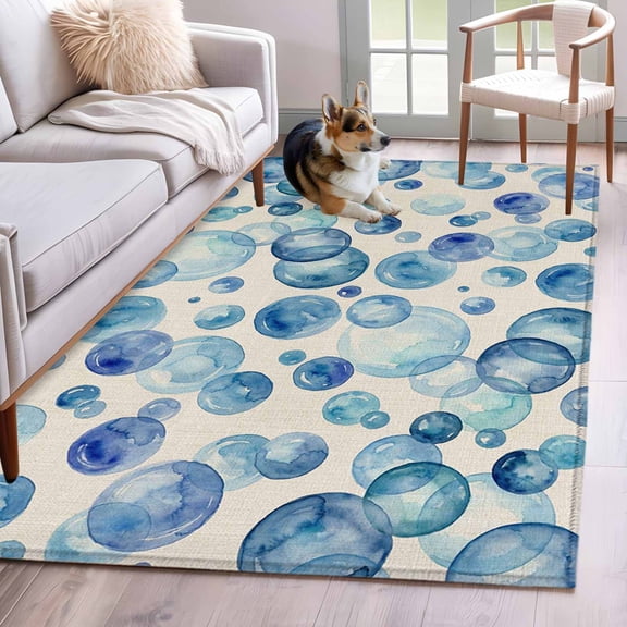 Blue Bubble Area Rugs 2.7'x5', Washable Small Throw Rugs for Kitchen Bedroom, Watercolor Ocean Bubble Summer Beige Indoor Outdoor Rug Non-Slip Low Pile Carpet Runner Reversible Floor Mats