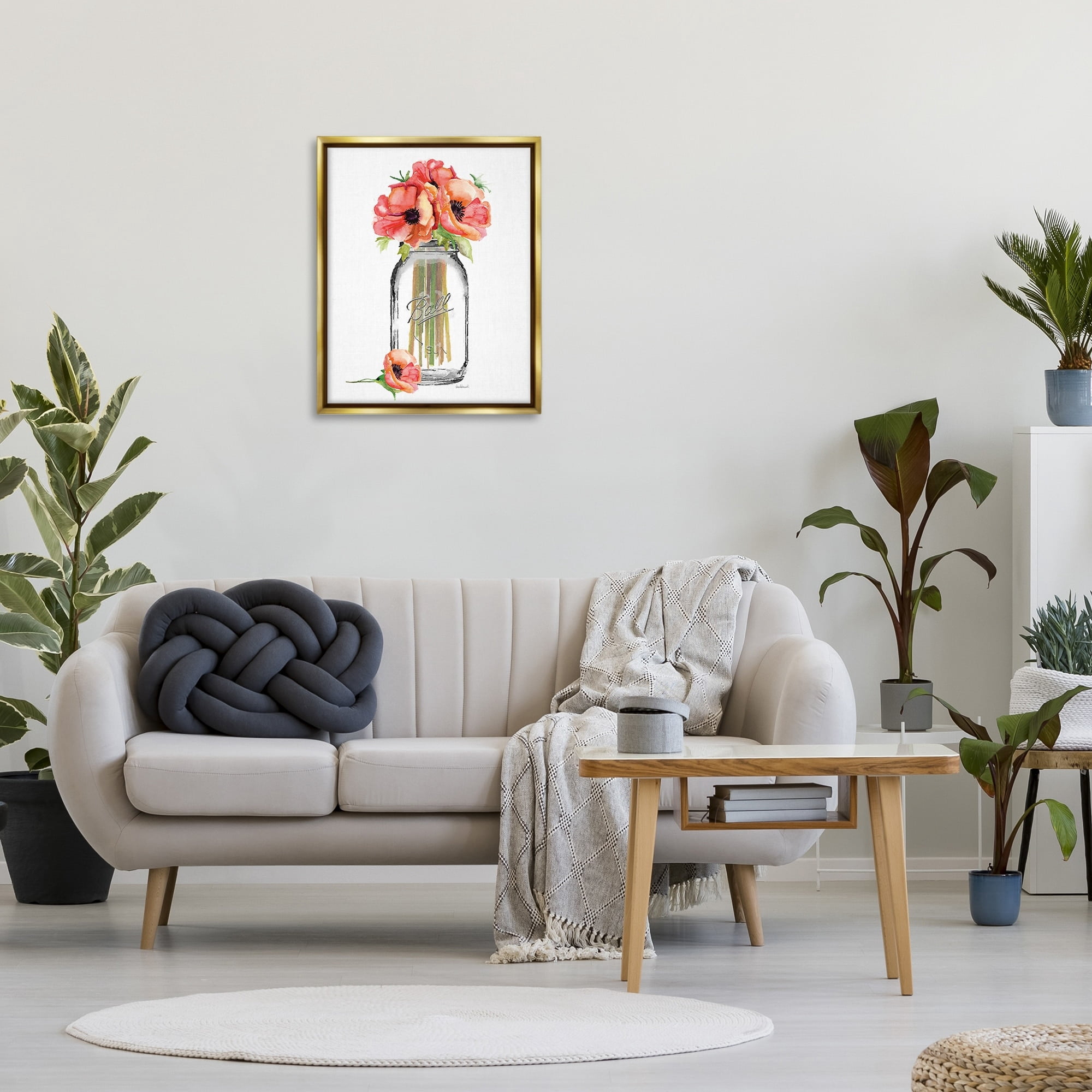 Stupell Industries Mason Jar Poppys Metallic Gold Framed Floating Canvas Wall Art, 24x30, by Amanda Greenwood