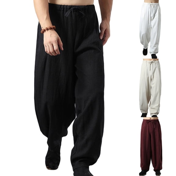 Jinhomg Mens Baggy Harem Pants Breathable Comfy Cotton Linen Lounge Pants Lightweight Casual Solid Elastic Drawstring Waist Trousers Loungewear Fall Saving XL