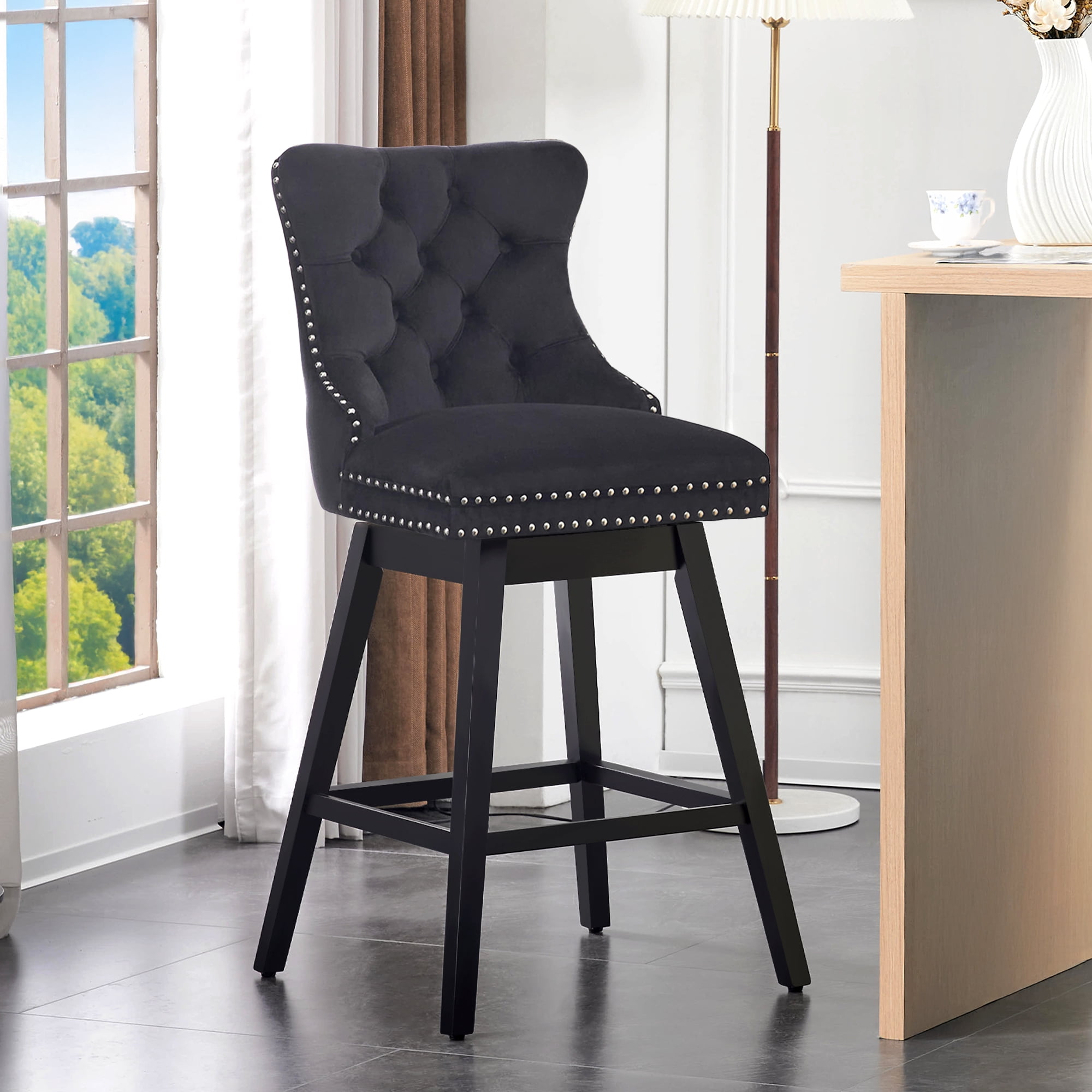 TEWLOSS Bar Stools Swivel 30" Velvet Barstools for Kitchen Island, Black