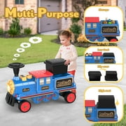 TOKTOO 12V Powered Ride on Toy Train for Kids, Ride on Train Locomotive & Train Carriage W/ Rubber Wheels, Storage Box-Blue