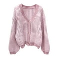 thumbnail image 4 of Wang6 Women Cardigans Sweaters Trendy Long Sleeve Button Cable Knit Sweater Fall Open Front Loose Deep V Neck Mixed Colors Knitted Outwear Tops Pink XL, 4 of 7