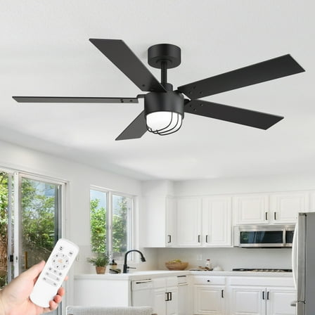 ALKAFY 52-inch Black Industrial Vintage Ceiling Fan for Living Room/Dining Room - LED Light, Remote, 5 Wood Blades
