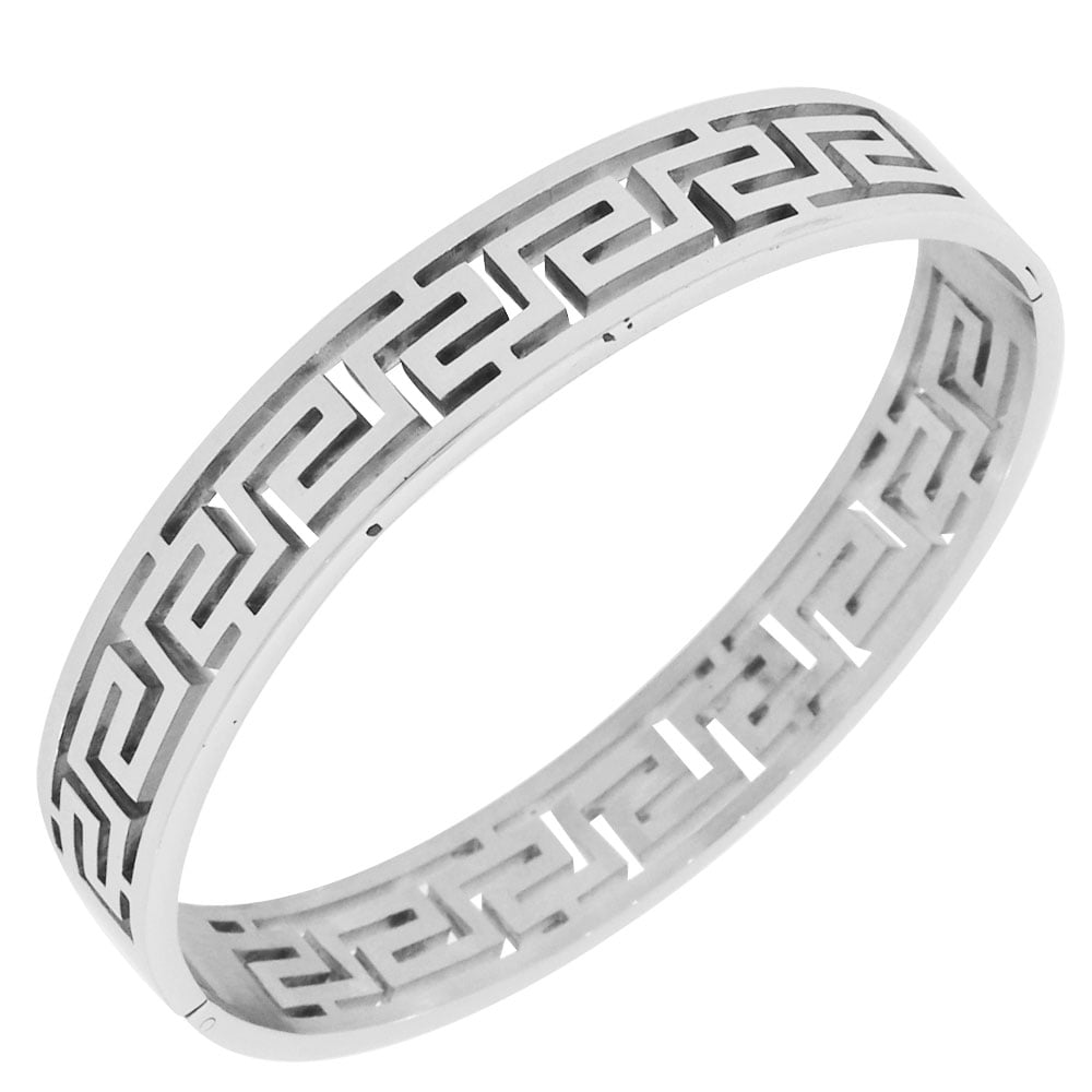 EDFORCE Stainless Steel SilverTone Greek Key OvalShape Cuff Bangle