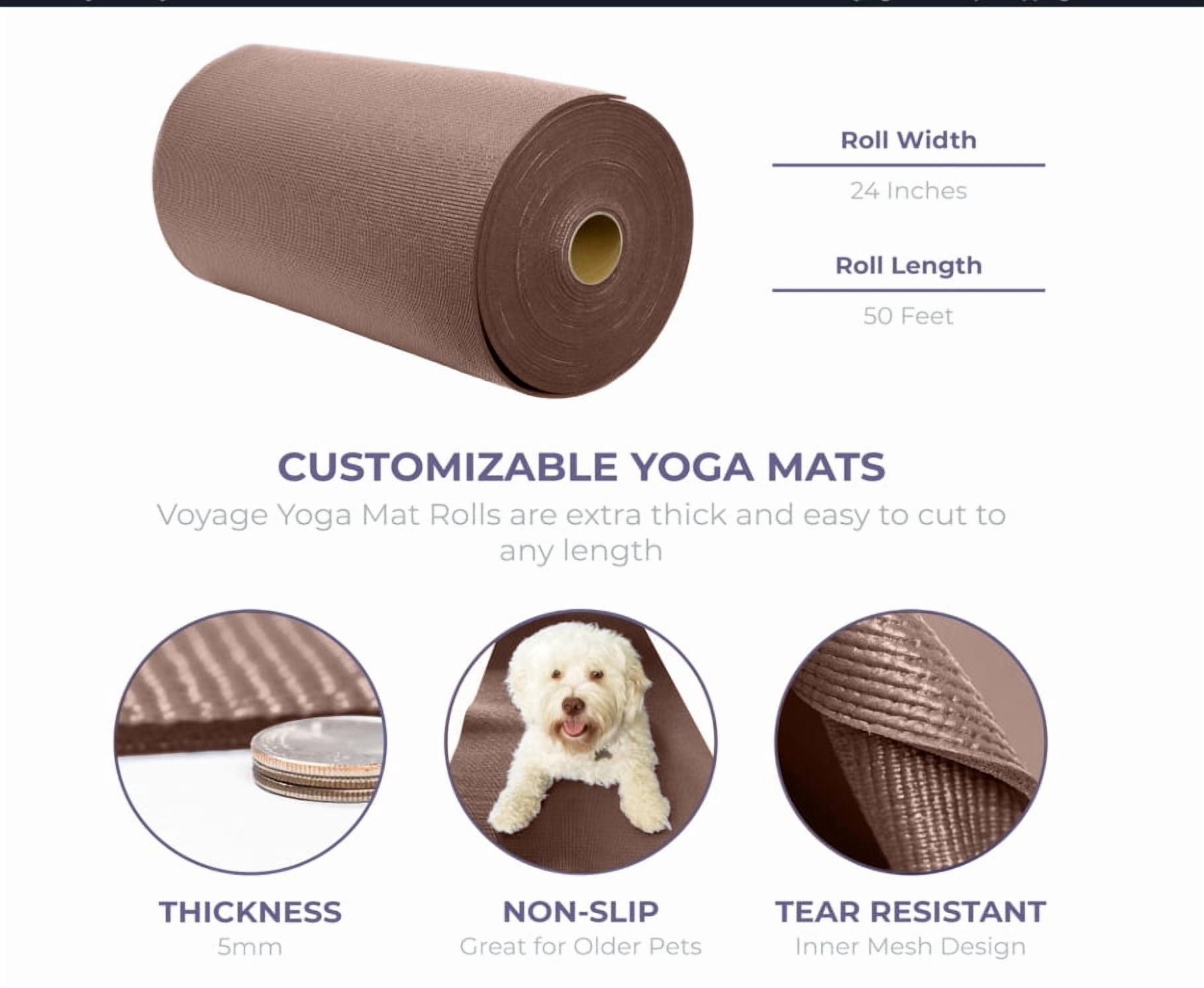 Sunshine Yoga Voyage Yoga Mat Roll, 24in x 50ft Exercise Mat, 5mm Thick Non-Slip Gym Mat for Home Workout and Fitness, Anti-Tear, Cut up to 8 Regular Yoga Mats, Chocolate