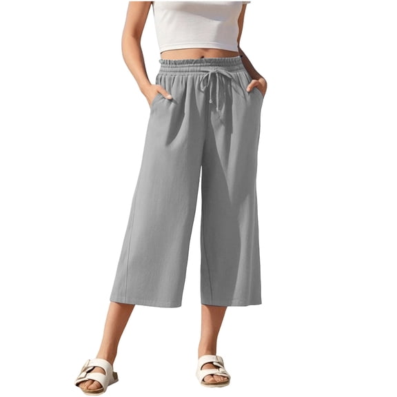 RYRJJ Womens Linen Capri Pants Drawstring Casual Cropped Trousers with Pockets Summer Loose High Waisted Wide Leg Lounge Pants(Gray,L)