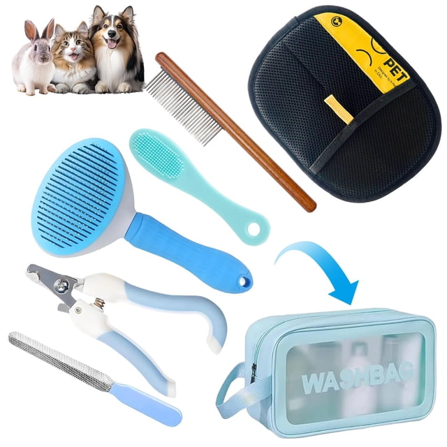 Kit de aseo para mascotas de 6 piezas con cepillo autolimpiante y cortaúñas
