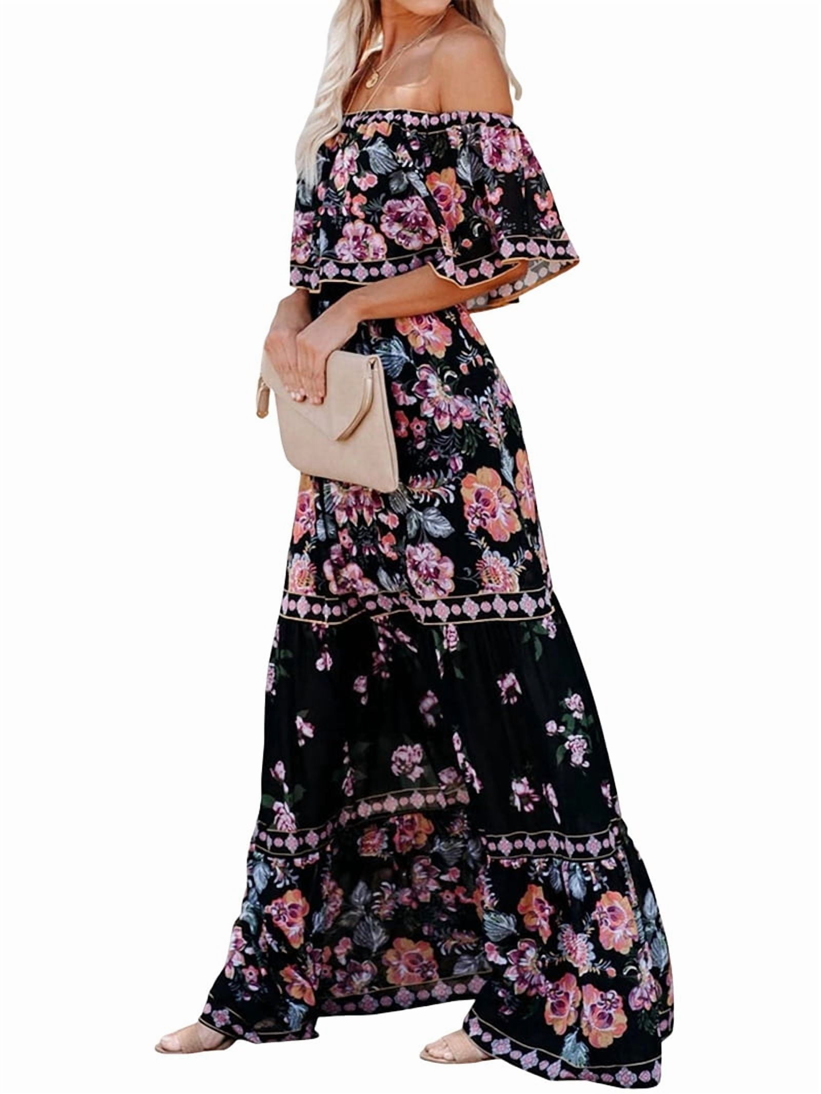 Women'S Mexican Dress Summer Floral Print Off the Shoulder Sleeveless Beach Long Maxi Dress Black L