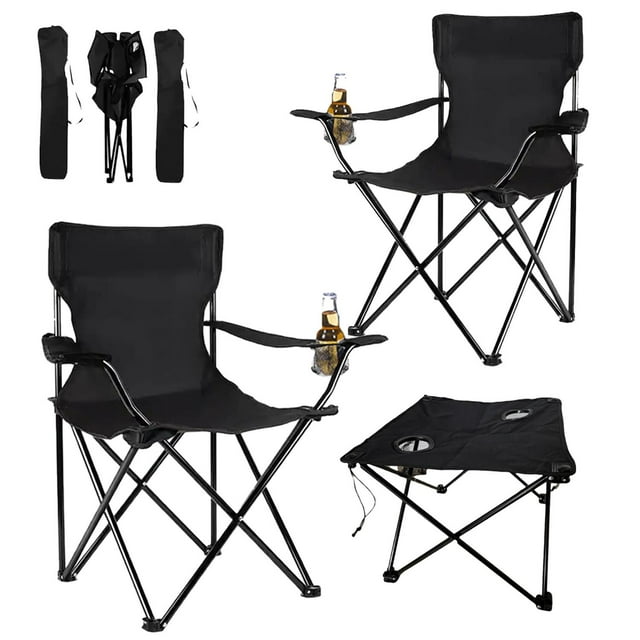 2 Sillas Playera Plegable para Camping Jardin con Mesa negro