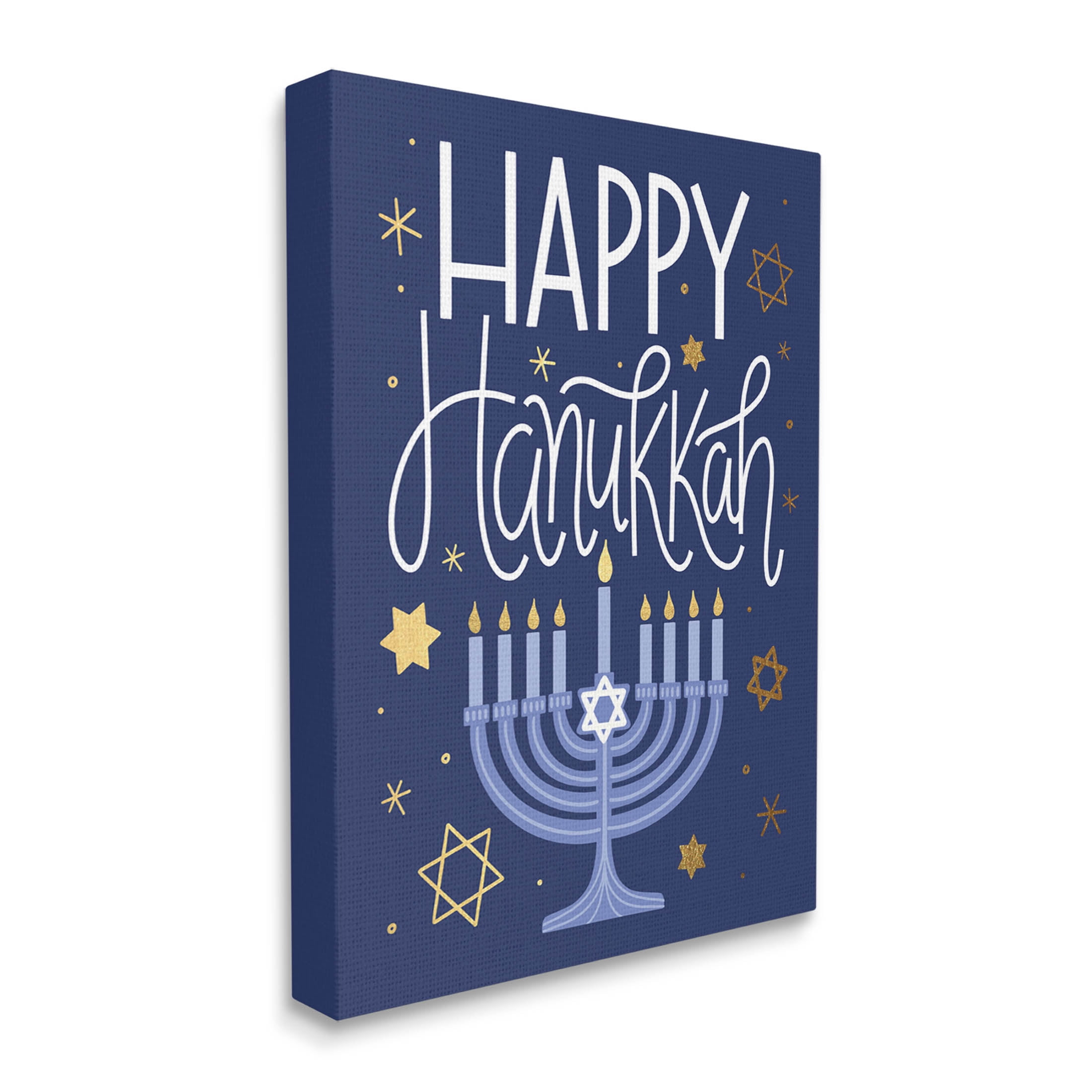 Happy Hanukkah Blue Menorah Pattern Holiday Graphic Art Gallery Wrapped Canvas Print Wall Art