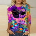 thumbnail image 2 of Riecok Mardi Gras Shirts Plus Size Mask Print Crewneck Pullover 3/4 Sleeve Tunic Tops Funny Holiday Blouses, 2 of 5
