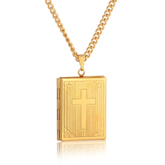 Creative Cross Locket Necklace Bible Box Photo Frame Pendant Necklace Metal Necklace For Women Men Religious Jewelry Gift