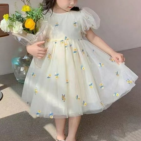 

Lovebay Baby Girls Summer Puff Sleeve Lace Tulle Embroidered Princess Dress Lemon Yellow 1-6Y