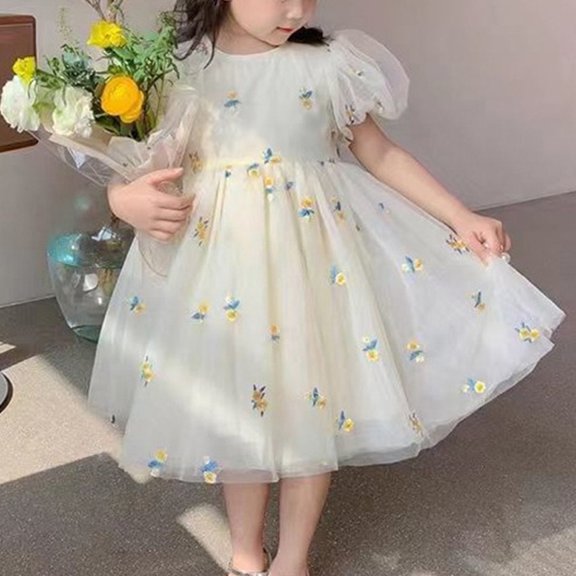 Lovebay Baby Girls Summer Puff Sleeve Lace Tulle Embroidered Princess Dress,Lemon Yellow,1-6Y