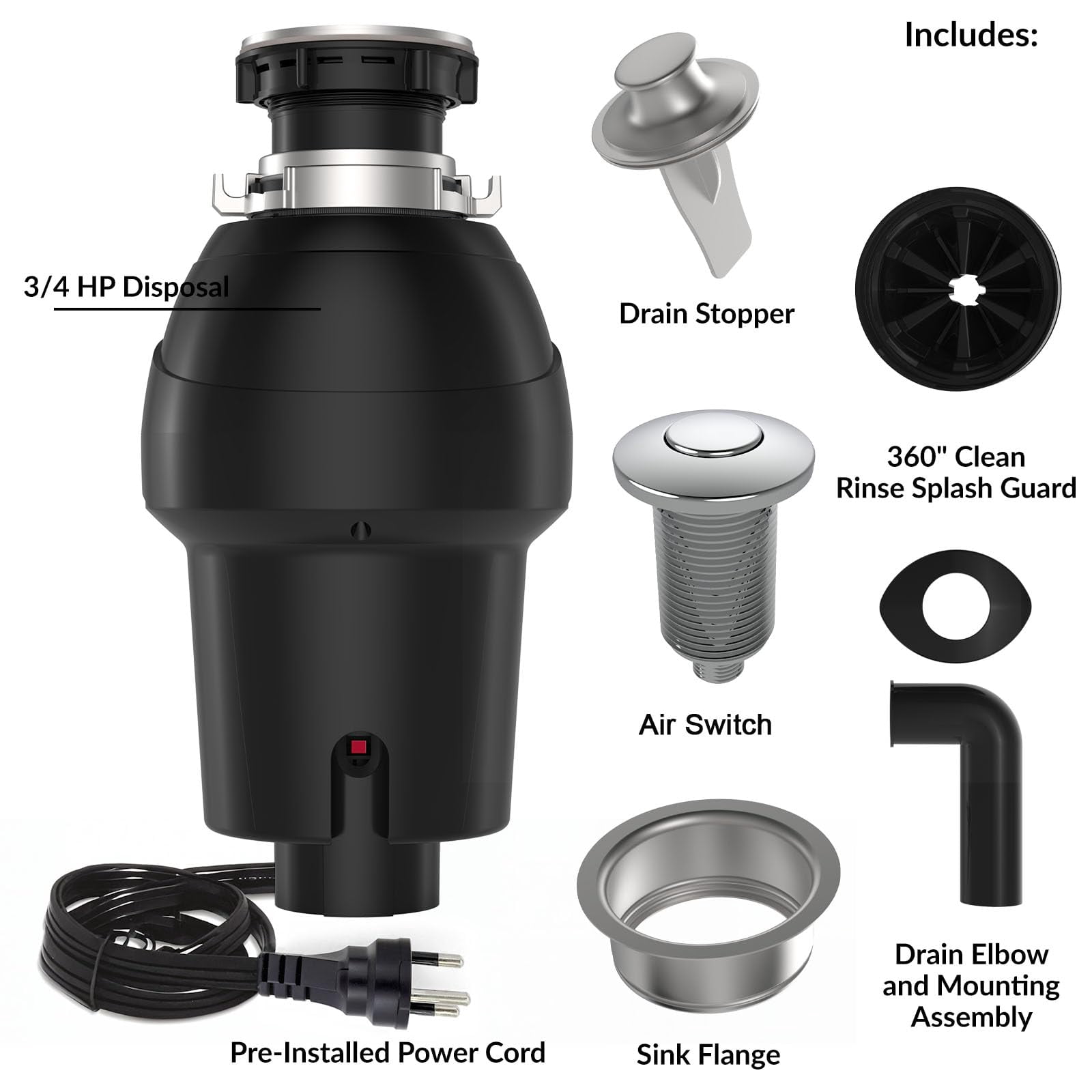 1 HP Garbage Disposal with Air Switch Kit, 3500 RPM 4-Stage Grinding Food Waste Disposer for Kitchen Sink, Quiet and Durable Waste Management, Gray/Matte Black
