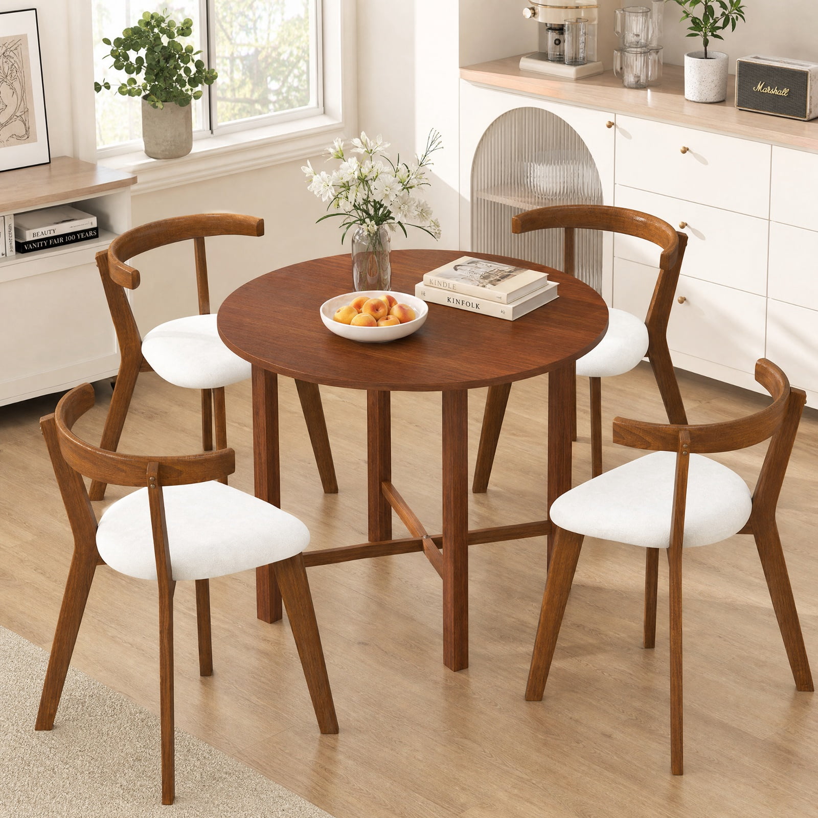 Furnibear Dual Drop Leaf Dining Table for Small Spaces with Solid Rubber Wood Frame and Folding Design for Kitchen, Walnut