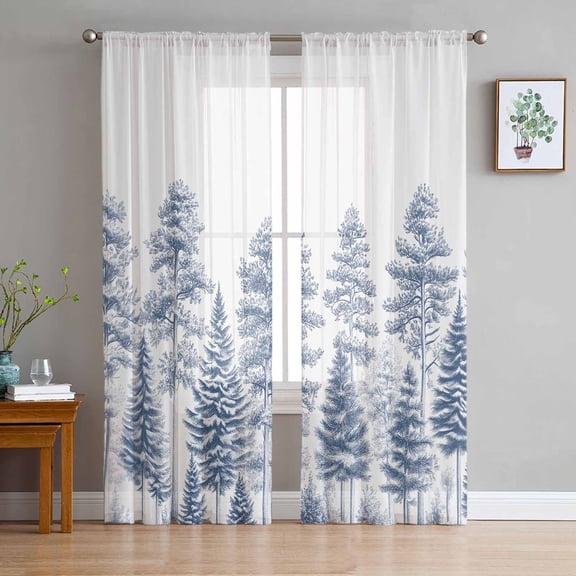 Blue White Tree Sheer Curtains 72 Inches Long 2 Panels Set, Window Sheer Curtains for Living Room/Bedroom, Forest Nature Wild Botanical Plant Light Filtering Rod Pocket Curtain 52'' x 72'' x 2