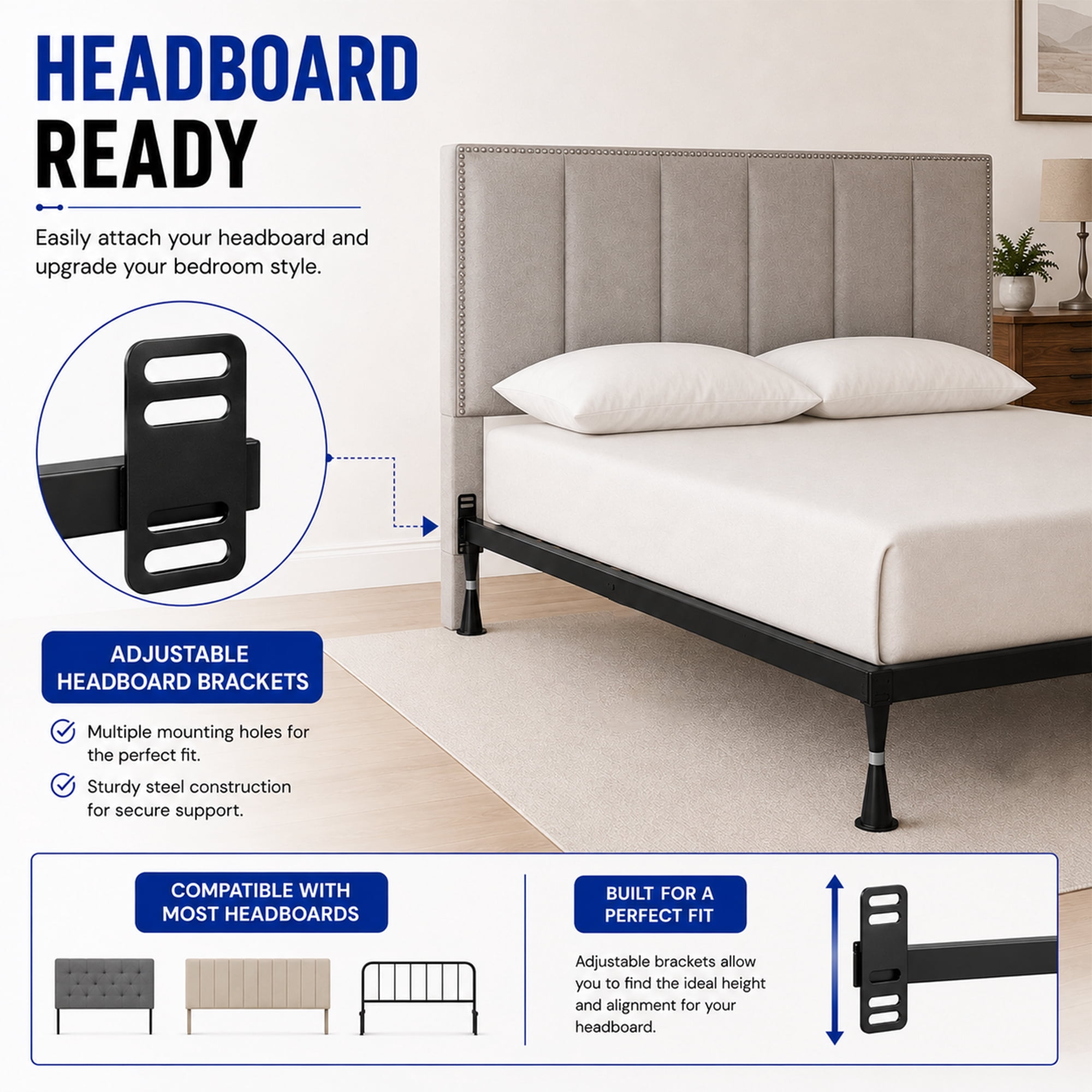 Continental Sleep, Advanced Metal Bed Frame for Box Spring and Mattress, Iron Center Support, Headboard Attachable, Noise-Free, Tool-Free Easy Assembly, 6-Legs Support, King, Black