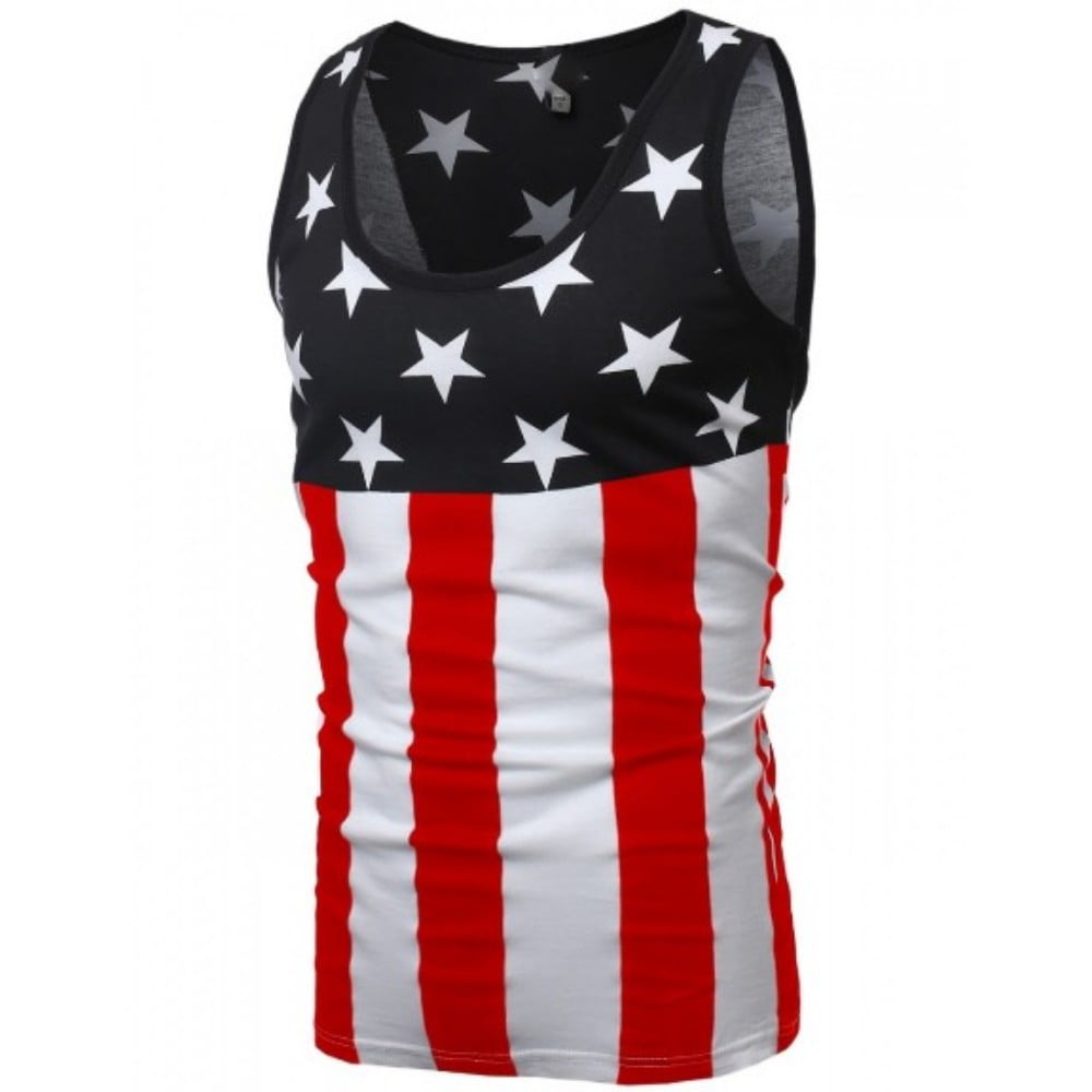 Hawks Bay Men'S Usa Patriotic Tank Graphic Tee American Flag Blue White