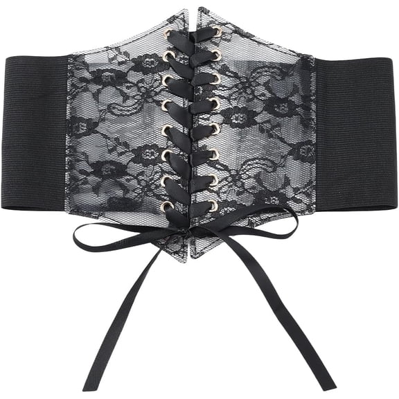 Black Leather Cinch Corset Wide Elastic Lace Waist Belt Vintage Boho Around Obi Trendy Tie Wrap Lace Up Waistband Belts Bulk for Women Dresses Shirts Clothing Costume Accessories Black