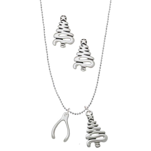Delight Jewelry Silvertone Wishbone Silver tone Zig Zag Christmas Tree Charm Necklace and Stud Earrings