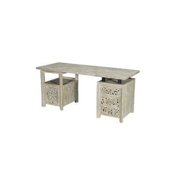 Taran Designs Fillian 3-drawer 1-door Floral Carved Solid Wood Desk in Gray