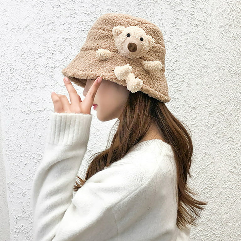 HGYCPP Korean Style Women Winter Fluffy Plush Warm Bucket Hat Cute 3D  Stuffed Teddy Bear Wide Brim Harajuku Outdoor Panama Fisherman Cap 