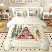 Homewish Kawaii Christmas Cabin Bedding Comforter Set for Kids, Tree Plant Botanical King Bedding Sets, Rustic Framhouse Reversible Bed Sheets, Super Cozy Room Decor