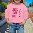 thumbnail image 2 of Hwmodou Girls Sweatshirt "Jesus Loves Me" Crewneck Printed Long Sleeve Fall Winter Simple Athletic Top,3-14Y, 2 of 4