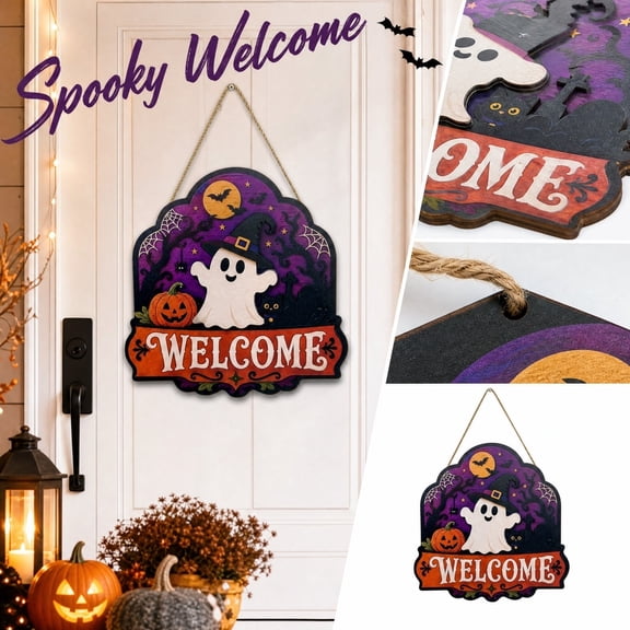 Halloween Ghost Welcome Hanging Sign, Halloween Decorations With Cute Ghost and Jack O Lantern, Front Door & Porch Halloween Ornament for Home Spooky Season Indoor Outdoor,12x11Inch
