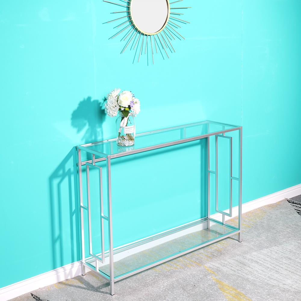 2Tier Modern Glass Table, FCH Toughened Glass Panel Console Table, Modern Hallway Table for
