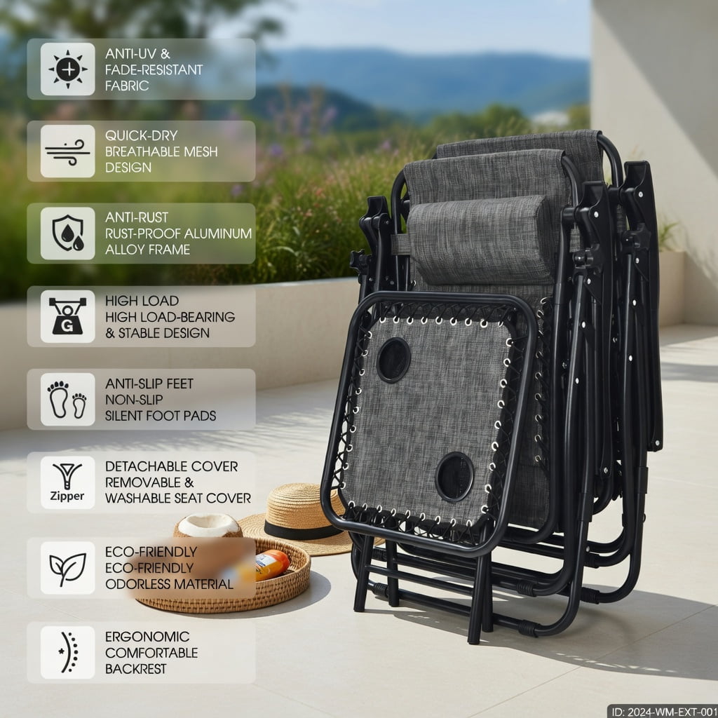 Hommoo 3-Piece Foldable Zero Gravity Lounge Chair Set with Portable Table, Steel Frame, Textilene Fabric, Outdoor Patio, Beach & Deck Recliners, Gray