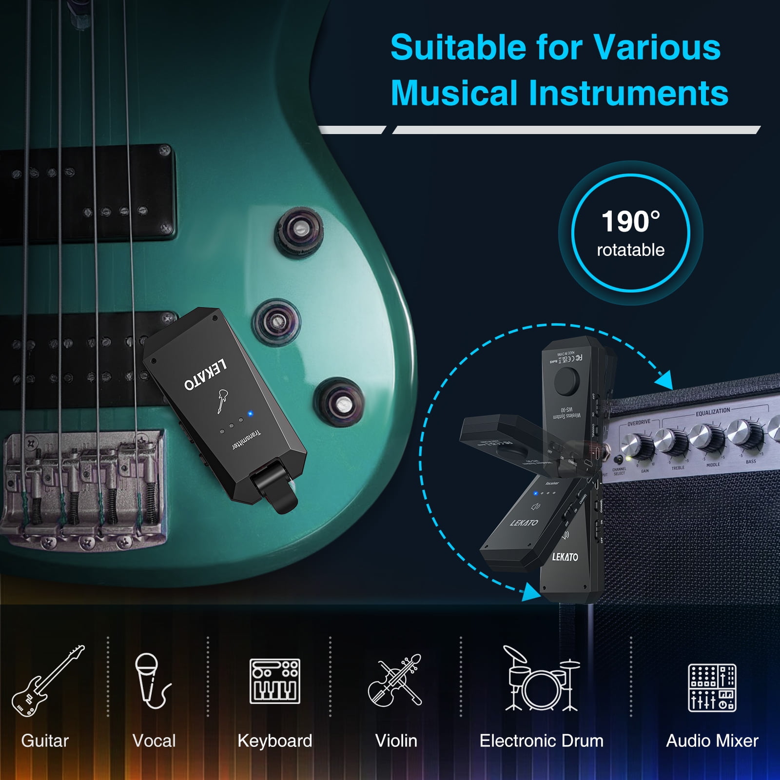 LEKATO WS-90 Wireless Guitar System 5.8G Wireless Guitar Transmitter Receiver 4 Channels Rechargeable Guitar Wireless System for Electric Guitar Bass